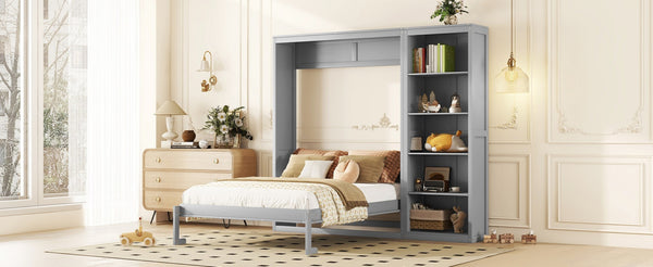 English Elm Queen Murphy Wall Bed with Side Shelving Folds Flush Into Mdf Cabinet for Studio Rooms Gray LP000697AAE-2
