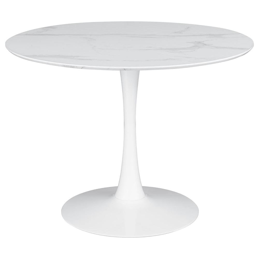 English Elm White 40-inch Dining Table with Faux Marble Top, Sealed Spill-Resistant Pedestal Design for Elegant Meals B062P153723