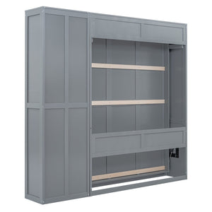 English Elm Queen Murphy Wall Bed with Side Shelving Folds Flush Into Mdf Cabinet for Studio Rooms LP000697AAE-1