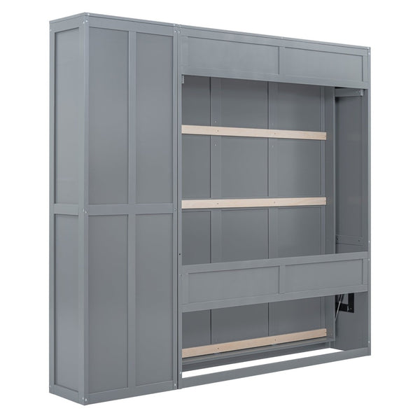 English Elm Queen Murphy Wall Bed with Side Shelving Folds Flush Into Mdf Cabinet for Studio Rooms LP000697AAE-1