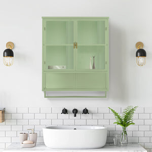 English Elm 23.62"Glass Two-Door Wall Cabinet with Fluted Tempered Glass, Open Shelf, Towel Rack, Modern Storage Green W757143037