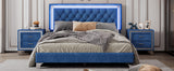 English Elm Queen Size Upholstered Bed Frame With Led Lights,Modern Velvet Platform Bed With Tufted Headboard,Blue