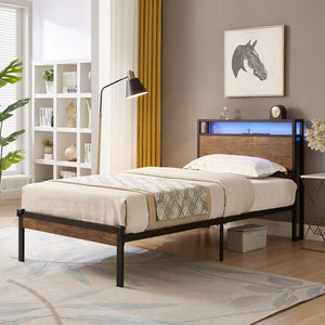 English Elm Twin Metal Platform Bed Wooden Headboard Led Underglow Usb Charging Storage Base W311134485