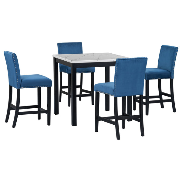 English Elm 5-piece Counter Height Dining Set with Faux Marble Square Table and Velvet Upholstered Chairs, Modern Blue W504S00141