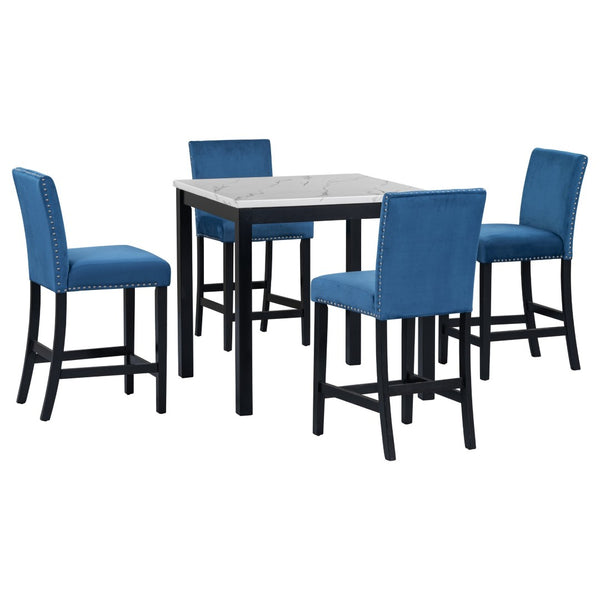 English Elm 5-piece Counter Height Dining Set Faux Marble Table Velvet Chairs Silver Nail Trim Blue W504S00268