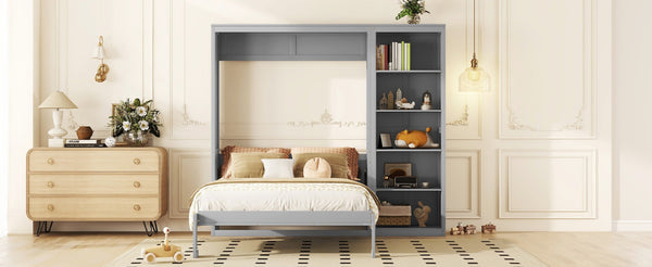 English Elm Queen Murphy Wall Bed with Side Shelving Folds Flush Into Mdf Cabinet for Studio Rooms Gray LP000697AAE-2