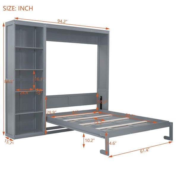 English Elm Queen Murphy Wall Bed with Side Shelving Folds Flush Into Mdf Cabinet for Studio Rooms LP000697AAE-1
