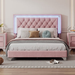 English Elm Full Size Upholstered Bed Frame With Led Lights,Modern Velvet Platform Bed With Tufted Headboard,Pink