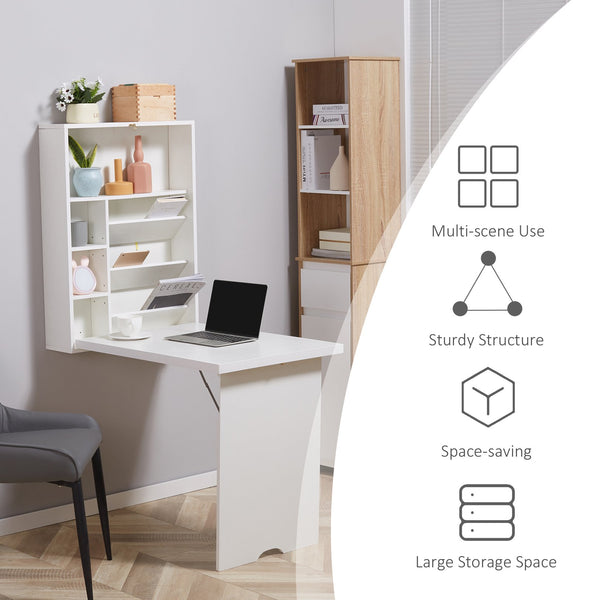 English Elm Wall Mounted Fold Out Convertible Desk with Storage Shelf, Space-Saving Foldable Floating Workstation White W2225P155082