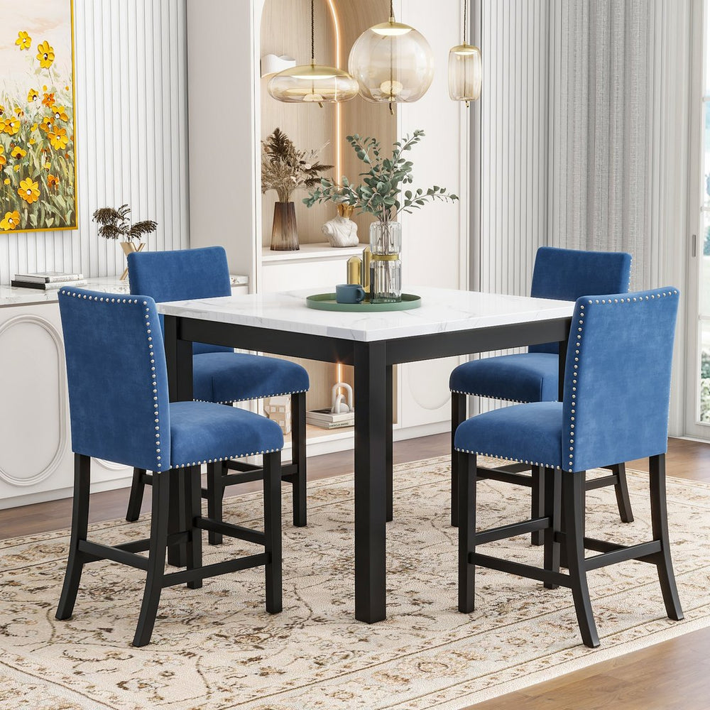 English Elm 5-piece Counter Height Dining Set with Faux Marble Square Table and Velvet Upholstered Chairs, Modern Blue W504S00141