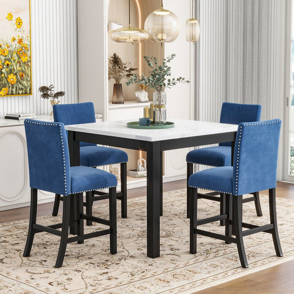 English Elm 5-piece Counter Height Dining Set with Faux Marble Square Table and Velvet Upholstered Chairs, Modern Blue W504S00141