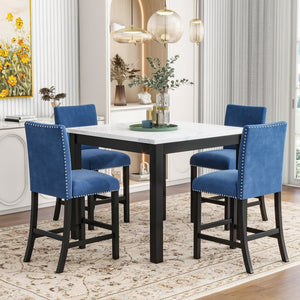 English Elm 5-piece Counter Height Dining Set Faux Marble Table Velvet Chairs Silver Nail Trim Blue W504S00268