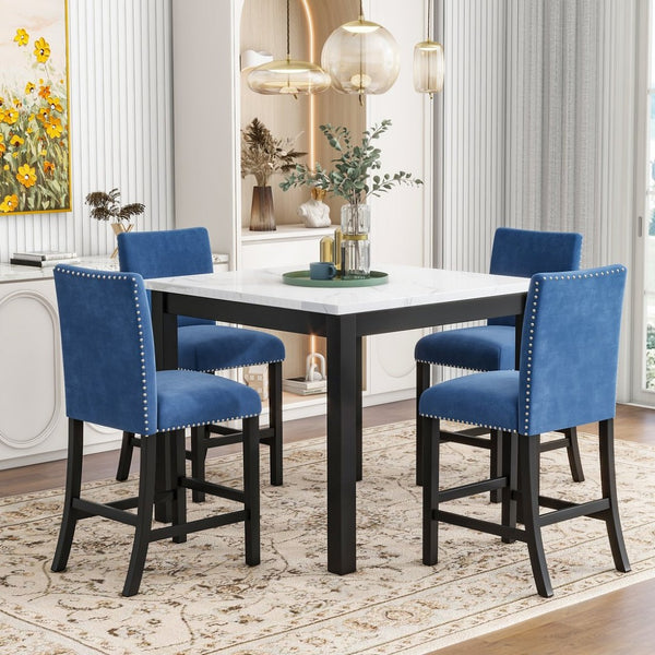 English Elm 5-piece Counter Height Dining Set Faux Marble Table Velvet Chairs Silver Nail Trim Blue W504S00268