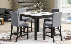 English Elm 5-piece Counter Height Dining Set with Faux Marble Square Table and Velvet Upholstered Chairs, Modern Grey W504S00139