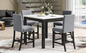 English Elm 5-piece Counter Height Dining Set Faux Marble Table Velvet Chairs Silver Nail Trim Grey W504S00266