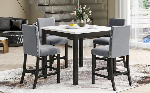 English Elm 5-piece Counter Height Dining Set Faux Marble Table Velvet Chairs Silver Nail Trim Grey W504S00266