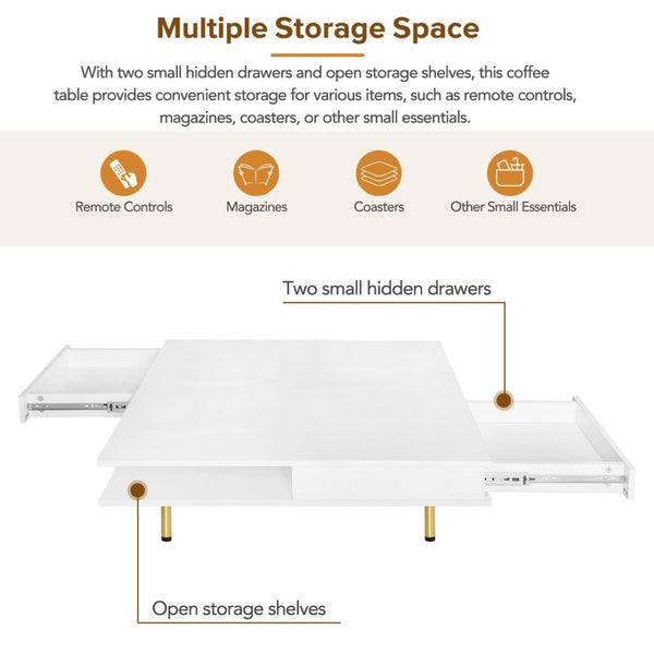 English Elm On-trend Gloss White Square Coffee Table Gold Legs Hidden Drawers Open Shelf Living Room WF315490AAK