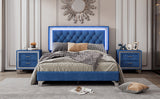 English Elm Full Size Upholstered Bed Frame With Led Lights,Modern Velvet Platform Bed With Tufted Headboard,Blue