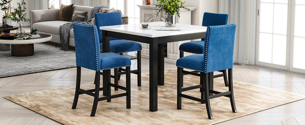 English Elm 5-piece Counter Height Dining Set Faux Marble Table Velvet Chairs Silver Nail Trim Blue W504S00268