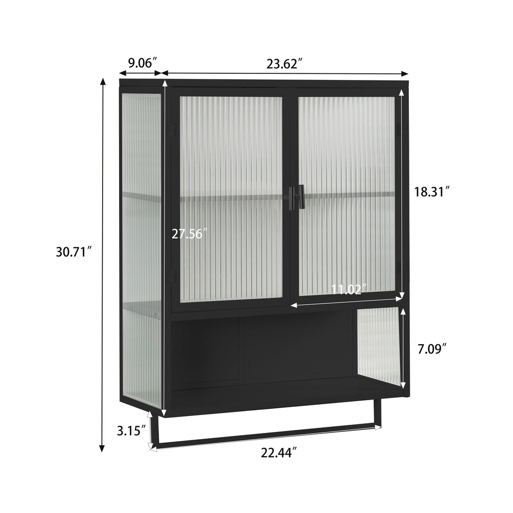 English Elm 23.62"Glass Two-Door Wall Cabinet with Fluted Tempered Glass, Open Shelf, Towel Rack, Modern Storage Black W757143036