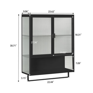 English Elm 23.62"Glass Two-Door Wall Cabinet with Fluted Tempered Glass, Open Shelf, Towel Rack, Modern Storage Black W757143036