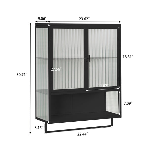 English Elm 23.62"Glass Two-Door Wall Cabinet with Fluted Tempered Glass, Open Shelf, Towel Rack, Modern Storage Black W757143036