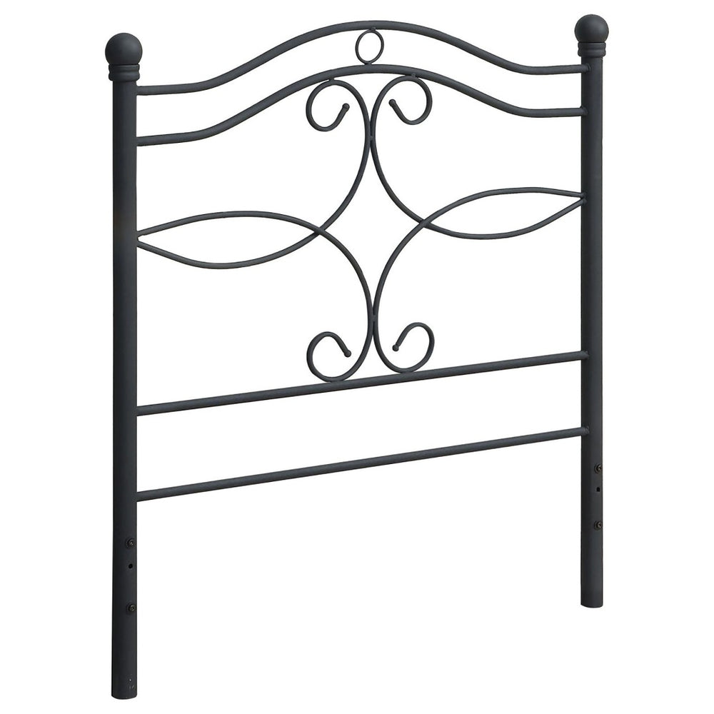 English Elm Matte Black Scrollwork Twin Headboard with Arched Rails and Sphere Finials for Bedroom B062P153733