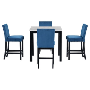 English Elm 5-piece Counter Height Dining Set Faux Marble Table Velvet Chairs Silver Nail Trim Blue W504S00268