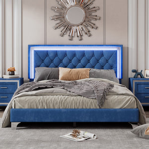 English Elm Queen Size Upholstered Bed Frame With Led Lights,Modern Velvet Platform Bed With Tufted Headboard,Blue