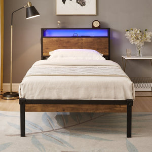 English Elm Twin Metal Platform Bed Wooden Headboard Led Underglow Usb Charging Storage Base W311134485