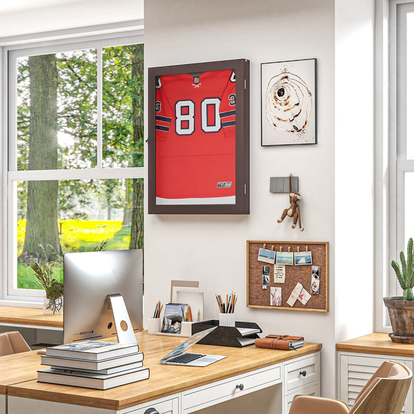 English Elm 28" Sports Jersey Display Case Frame with UV Acrylic, Lockable Latch, Brass Hooks & Hanger - Brown W2225P155203