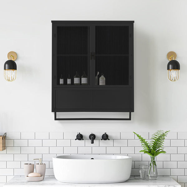 English Elm 23.62"Glass Two-Door Wall Cabinet with Fluted Tempered Glass, Open Shelf, Towel Rack, Modern Storage Black W757143036