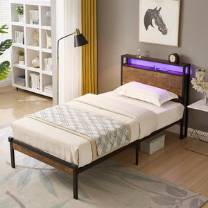 English Elm Twin Metal Platform Bed Wooden Headboard Led Underglow Usb Charging Storage Base W311134485