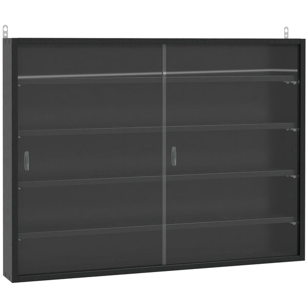 English Elm 5-Tier Display Cabinet with Glass Doors and Adjustable Shelves Wall-Mounted Collectible Case for Home Decor Black W2225P155083