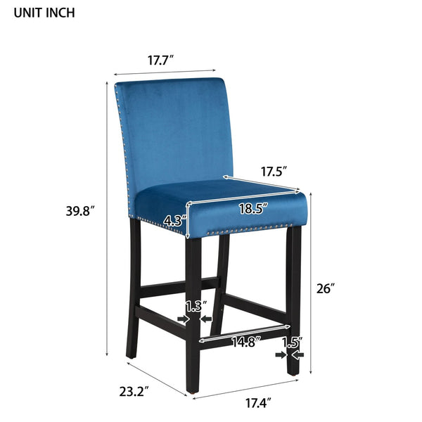 English Elm 5-piece Counter Height Dining Set Faux Marble Table Velvet Chairs Silver Nail Trim Blue W504S00268