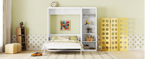 English Elm Queen Murphy Wall Bed with Side Shelving Folds Flush Into Mdf Cabinet for Studio Rooms White LP000697AAK-2