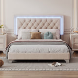 Hearth and Haven Full Size Upholstered Bed Frame with Led Lights, Modern Velvet Platform Bed with Tufted Headboard, Beige WF315488AAA