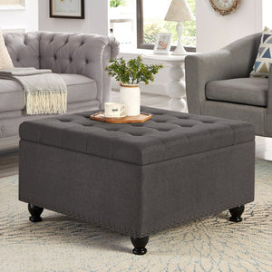 English Elm Large Tufted Faux Leather Storage Ottoman with Brass Nail Trim and Spindle Legs Dark Gray W2186142957