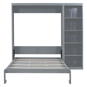 English Elm Queen Murphy Wall Bed with Side Shelving Folds Flush Into Mdf Cabinet for Studio Rooms LP000697AAE-1