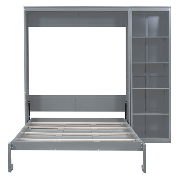 English Elm Queen Murphy Wall Bed with Side Shelving Folds Flush Into Mdf Cabinet for Studio Rooms LP000697AAE-1
