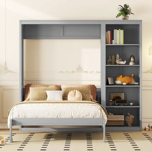 English Elm Queen Murphy Wall Bed with Side Shelving Folds Flush Into Mdf Cabinet for Studio Rooms LP000697AAE-1