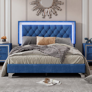 English Elm Full Size Upholstered Bed Frame With Led Lights,Modern Velvet Platform Bed With Tufted Headboard,Blue