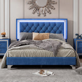 Full Size Velvet Bed Frame With LED Lights, Modern Platform Bed, Tufted Headboard, Blue