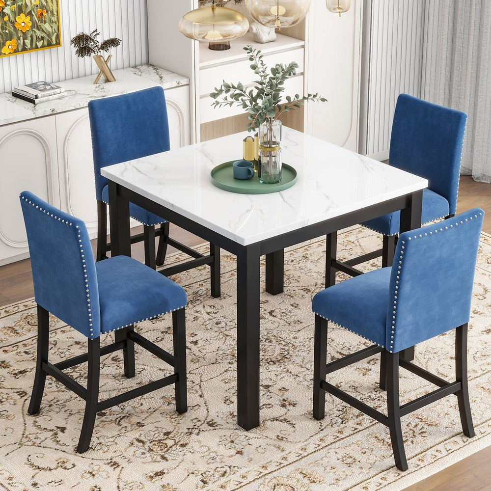 English Elm 5-piece Counter Height Dining Set with Faux Marble Square Table and Velvet Upholstered Chairs, Modern Blue W504S00141