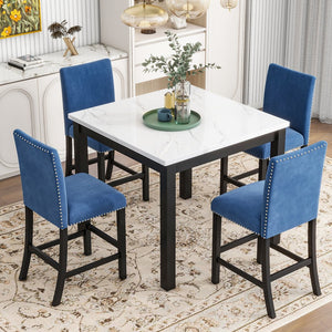 English Elm 5-piece Counter Height Dining Set with Faux Marble Square Table and Velvet Upholstered Chairs, Modern Blue W504S00141