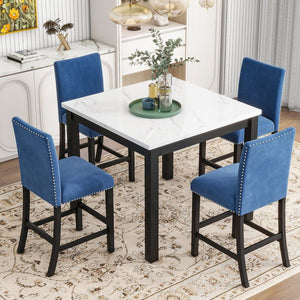 English Elm 5-piece Counter Height Dining Set Faux Marble Table Velvet Chairs Silver Nail Trim Blue W504S00268