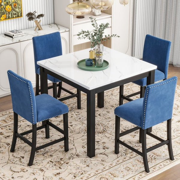 English Elm 5-piece Counter Height Dining Set Faux Marble Table Velvet Chairs Silver Nail Trim Blue W504S00268