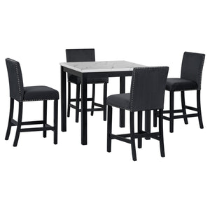 English Elm 5-piece Counter Height Dining Set Faux Marble Table Velvet Chairs Silver Nail Trim Black W504S00267