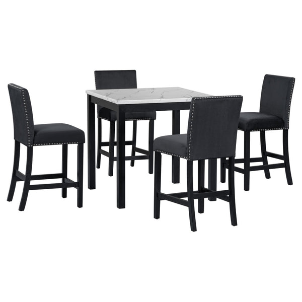 English Elm 5-piece Counter Height Dining Set Faux Marble Table Velvet Chairs Silver Nail Trim Black W504S00267