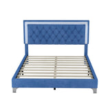 English Elm Queen Size Upholstered Bed Frame With Led Lights,Modern Velvet Platform Bed With Tufted Headboard,Blue